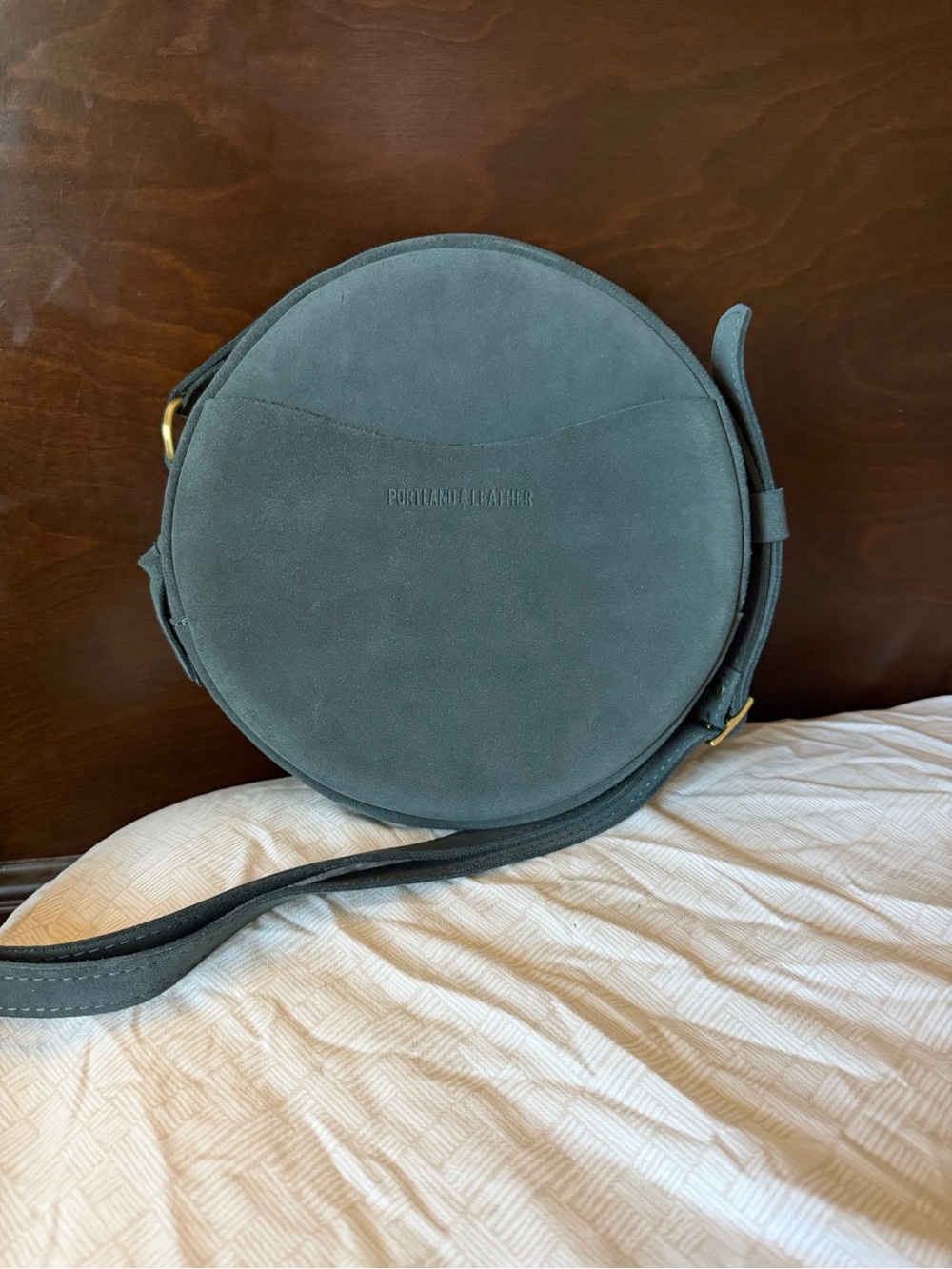 Portland Leather Large Circle Crossbody Bag in Peppercorn Suede